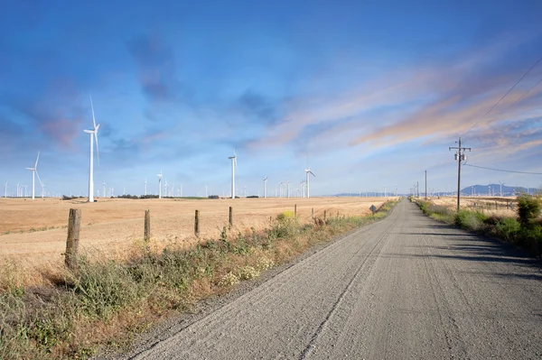 Пустая дорога через ферму ветряных турбин на Калифорнийских холмах — стоковое фото
