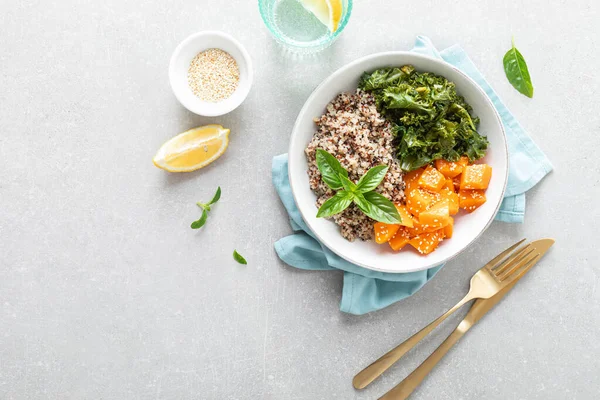 Cuenco Almuerzo Saludable Vegano Con Quinua Col Rizada Salteada Calabaza — Foto de Stock