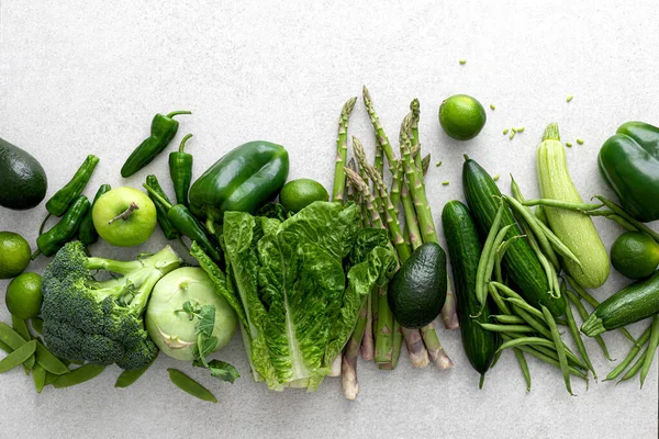 Зелені Овочі Свіжі Зелені Продукти Здорова Концепція Вегетаріанської Їжі Пласка — стокове фото