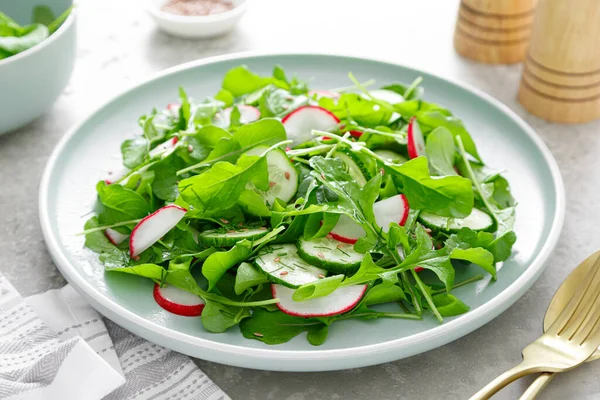 Verse Vegetarische Groentesalade Met Radijs Komkommer Arugula Gezonde Voeding — Stockfoto