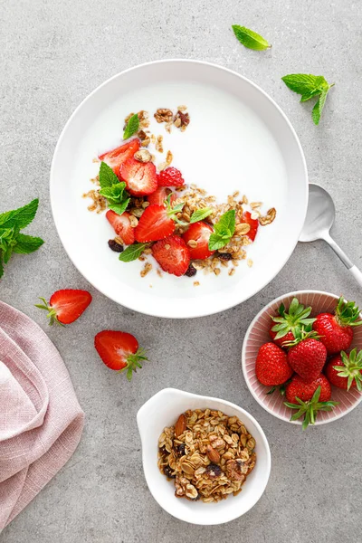 Strawberry Granola Greek Yogurt Nuts Fresh Berries Breakfast Top View — Stock Fotó