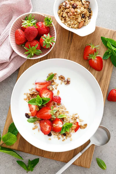 Strawberry Granola Greek Yogurt Nuts Fresh Berries Breakfast Top View — Stock Fotó