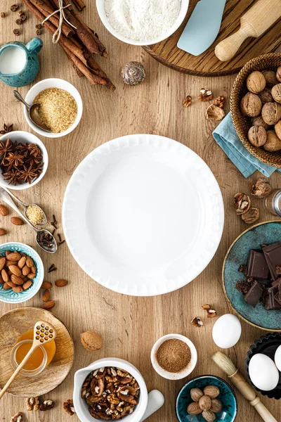 Culinary Background Ingredients Baking Thanksgiving Christmas Sweet Bake Wooden Table — Stock Photo, Image