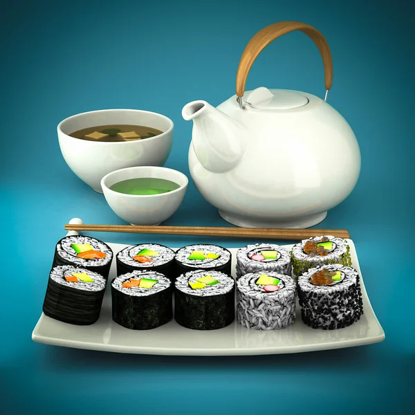 Sushi, green tea and soup — Stock Image Sushi, green tea and soup Stock Picture