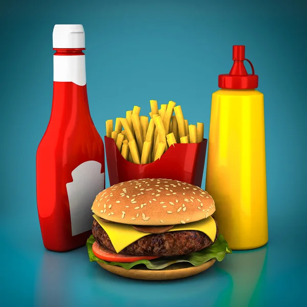 Hamburger, Pommes, Senf und Ketchup — Stockfoto