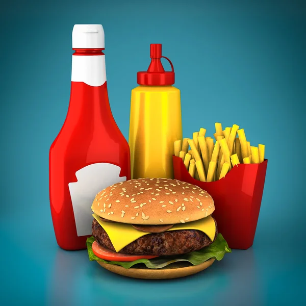 Hambúrguer, batatas fritas, mostarda e ketchup — Fotografia de Stock