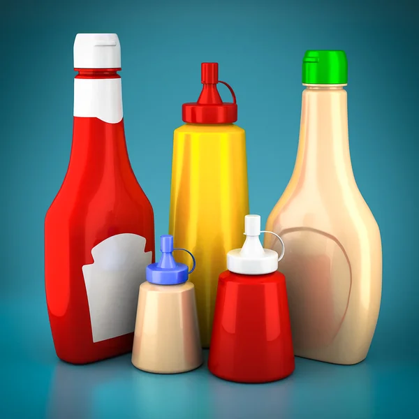 Bottles of ketchup, mustard and mayonnaise — Stock Photo, Image