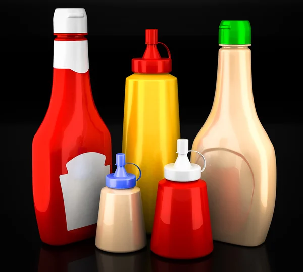 Bottles of ketchup, mustard and mayonnaise — Stock Photo, Image