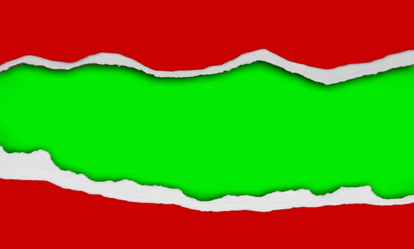 Hole Ripped Red Paper Green Christmas Background Copy Space — Stock Photo, Image