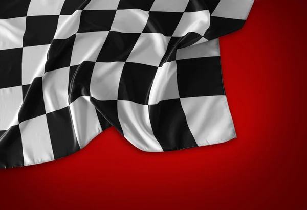 Checkered Bandeira Preto Branco Fundo Vermelho — Fotografia de Stock