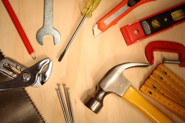 Herramientas Trabajo Variadas Sobre Madera — Foto de Stock