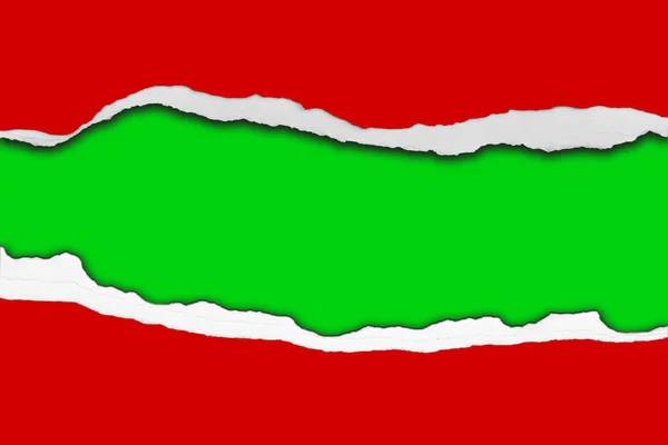 Hole Ripped Red Paper Green Christmas Background Copy Space — Stock Photo, Image