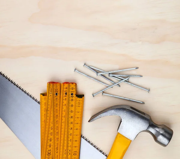 Hammer Nails Ruler Saw Wood Copy Space — Stock Photo, Image
