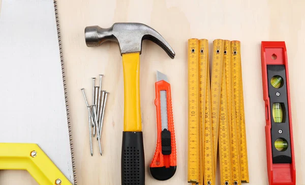 Hamer Spijkers Liniaal Zaag Mes Vlak Hout — Stockfoto