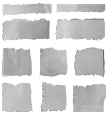 Beyaz arkaplanda on parça yırtık kağıt
