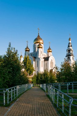 Mavi gökyüzüne karşı yeşil ağaçların arasında altın kubbeler bulunan beyaz taştan yapılmış Ortodoks Kilisesi. Konu inanç, din.