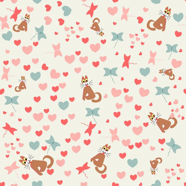 Seamless pattern with hearts and cats for printing on Valentine\'s day.