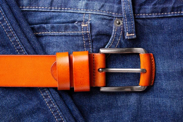 Cinturão Couro Jeans Azul Close Acessório Cinto — Fotografia de Stock