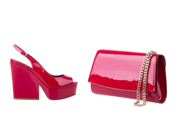 Beautiful Red Bag Wedge Shoes Patent Leather Shoes Clutch — Stock Photo, Image