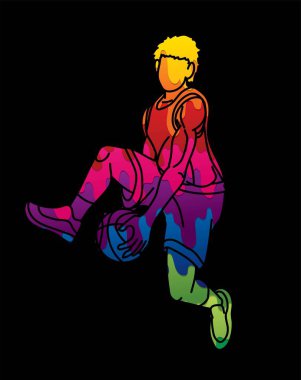 Basketbolcu aksiyon çizgi film sporu grafik vektörü.