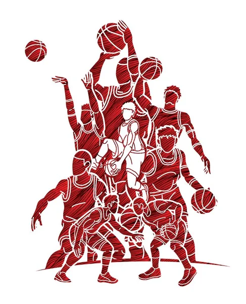 Groupe Joueurs Basket Ball Action Dessin Animé Sport Vecteur Graphique — Image vectorielle