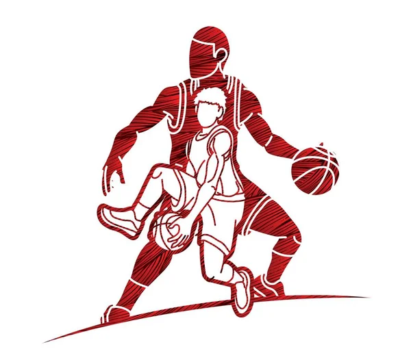 Grupo Jugadores Baloncesto Acción Dibujos Animados Vector Gráfico Deporte — Archivo Imágenes Vectoriales