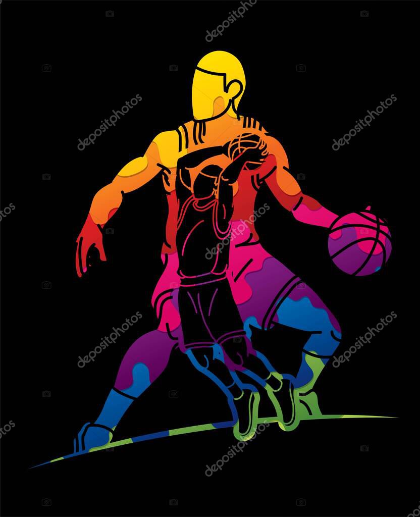 Group of Basketball players action cartoon sport graphic vector.