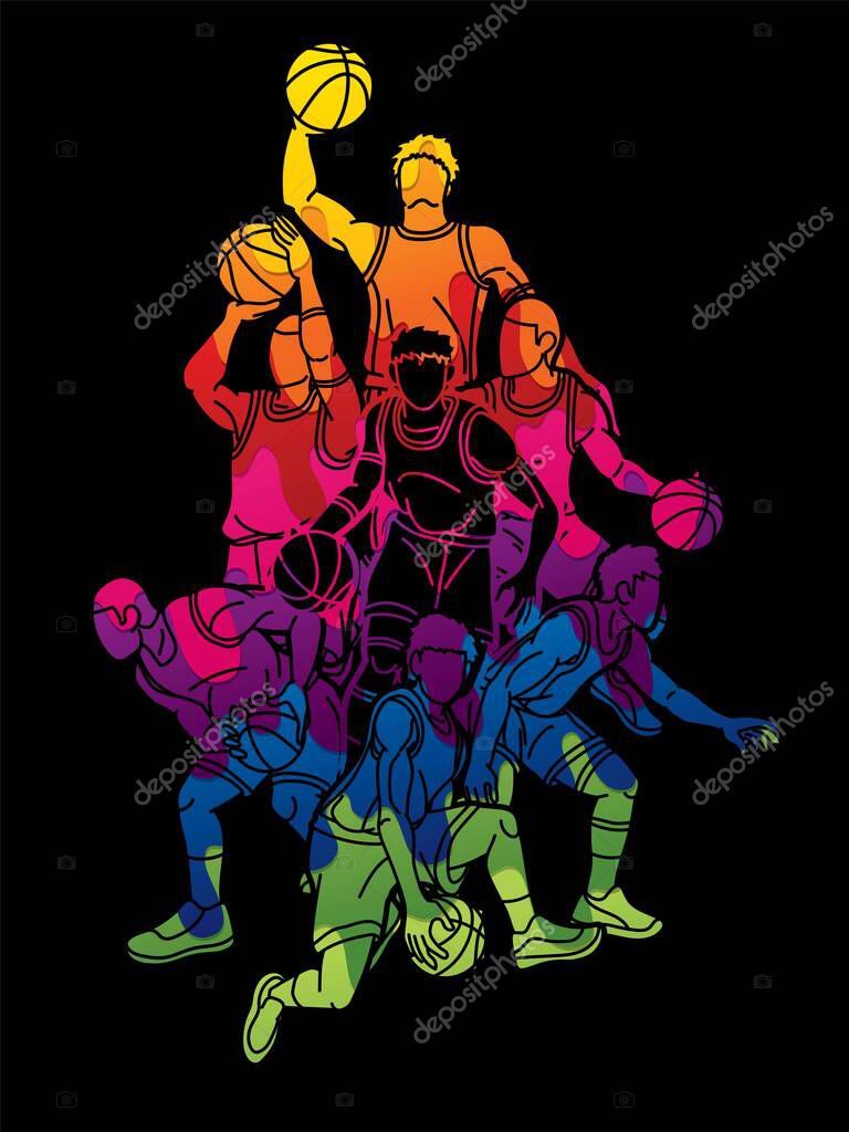Group of Basketball players action cartoon sport graphic vector.
