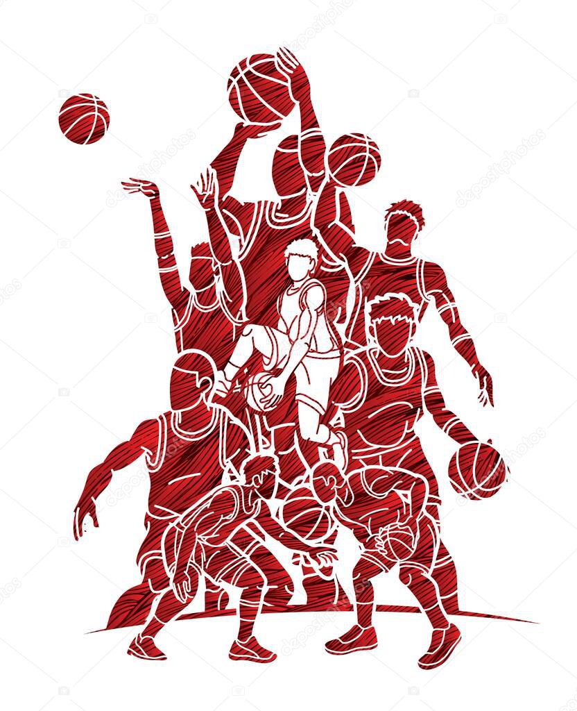 Group of Basketball players action cartoon sport graphic vector.