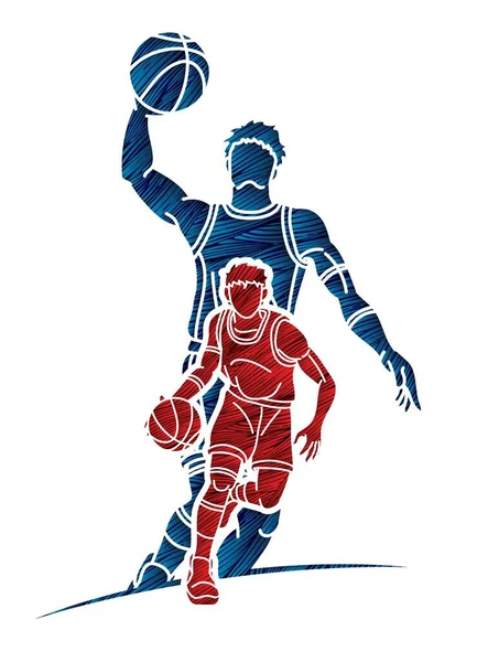 Skupina Basketbalistů Akční Karikatura Grafický Vektor — Stockový vektor
