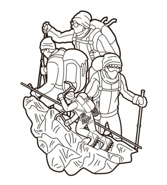 Yürüyüş yapan bir grup insan çizgi film grafik vektörüne tırmanıyor.