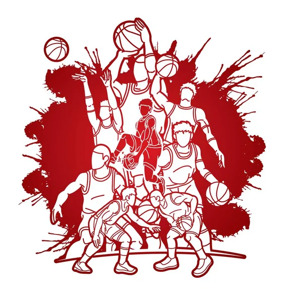 Jugadores Baloncesto Acción Vector Gráfico Dibujos Animados — Vector de stock