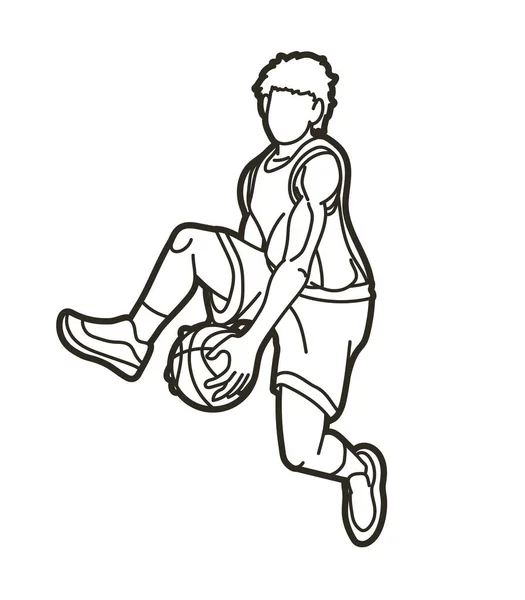 Basketbalspeler Actie Cartoon Overzicht Grafische Vector — Stockvector