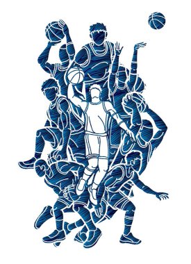 Basketbol oyuncuları grubu çizgi film grafik vektörü