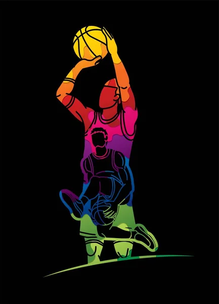 Groupe Joueurs Basket Ball Action Dessin Animé Vecteur Graphique — Image vectorielle