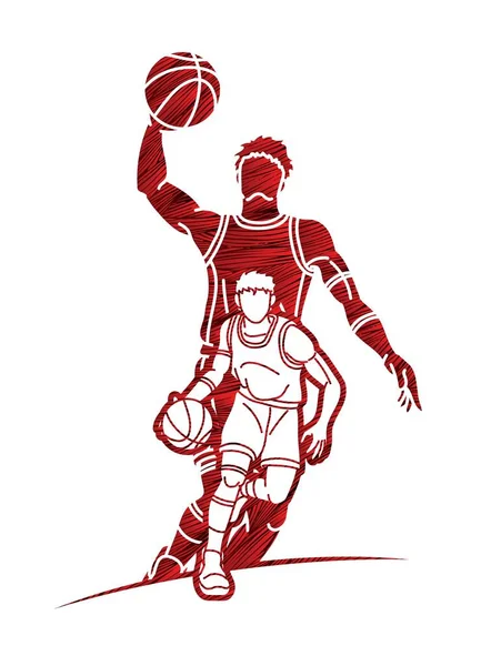 Grupo Jugadores Baloncesto Acción Vector Gráfico Dibujos Animados — Vector de stock