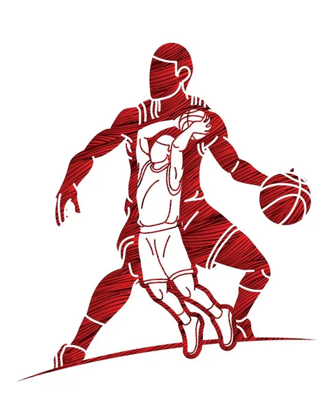 Groupe Joueurs Basket Ball Action Dessin Animé Vecteur Graphique — Image vectorielle