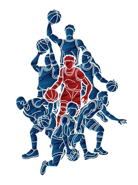 Groupe Joueurs Basket Ball Action Dessin Animé Vecteur Graphique — Image vectorielle