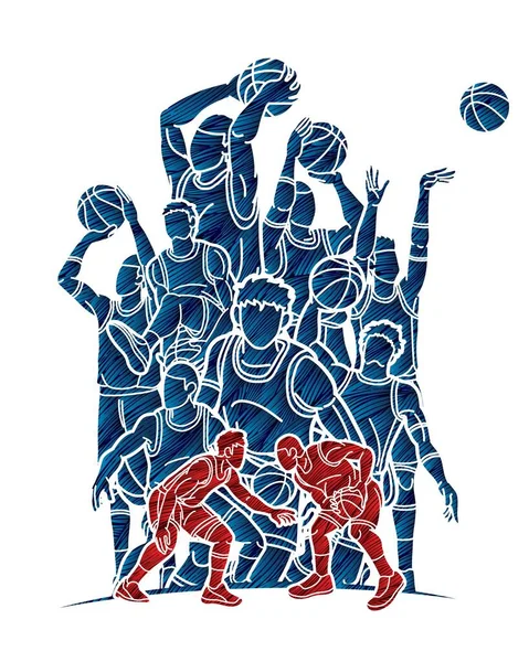 Groupe Joueurs Basket Ball Action Dessin Animé Vecteur Graphique — Image vectorielle