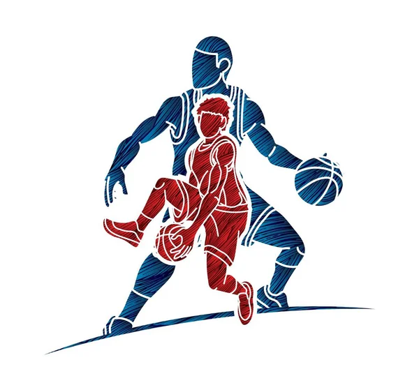 Grupo Jugadores Baloncesto Acción Vector Gráfico Dibujos Animados — Archivo Imágenes Vectoriales