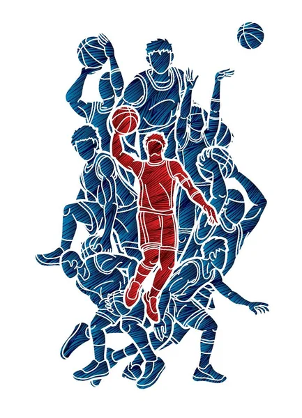 Jugadores Baloncesto Acción Vector Gráfico Dibujos Animados — Archivo Imágenes Vectoriales