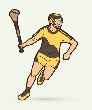Hurling sport player action. Irish Hurley sport cartoon graphic vector. clipart