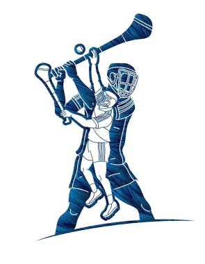 Hurling Sport Players Action Grubu. İrlanda Hurley Spor Çizgi Filmi Grafik Vektörü.