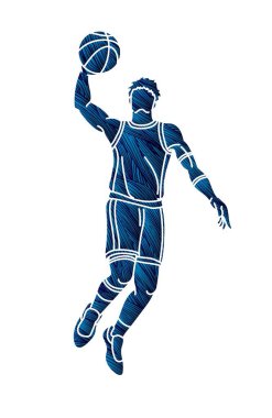 Basketbolcu aksiyon çizgi film sporu grafik vektörü.