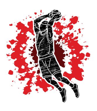 Basketbolcu aksiyon çizgi film sporu grafik vektörü.