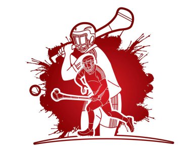 Hurling Sport Players Action Grubu. İrlanda Hurley Spor Çizgi Filmi Grafik Vektörü.