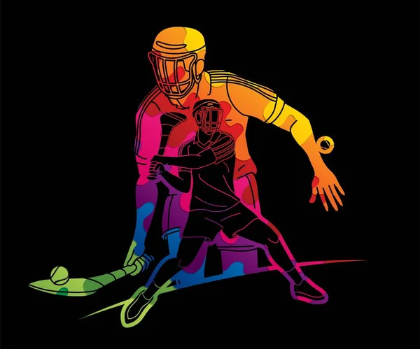 Skupina Hurling Sport Players Action Irský Hurley Sportovní Karikatura Grafický — Stockový vektor