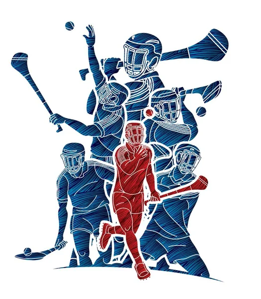 Group Hurling Sport Players Action Irish Hurley Sport Cartoon Graphic — Stock Vector