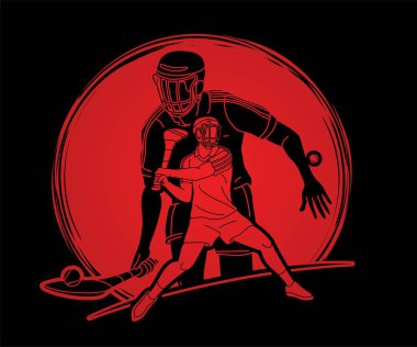 Hurling Sport Players Action Grubu. İrlanda Hurley Spor Çizgi Filmi Grafik Vektörü.
