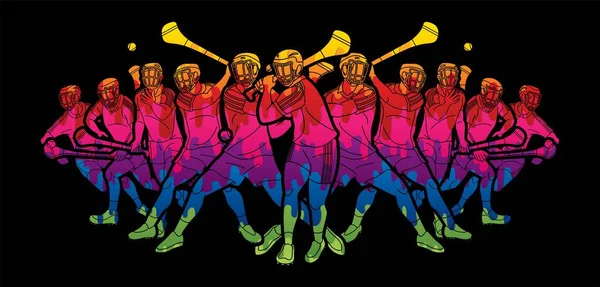 Groupe Hurling Sport Players Action Vecteur Graphique Dessin Animé Irlandais — Image vectorielle